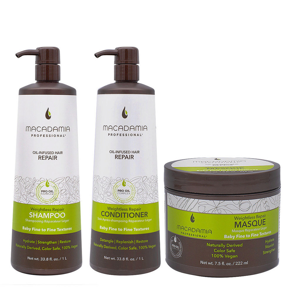 Macadamia Set Beschädigtes und feines Haar Shampoo 1000ml und Conditioner  1000ml Maske 222ml | Hair Gallery