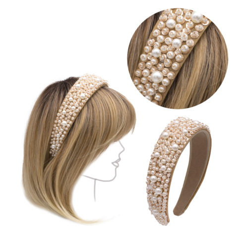 Haarreifen aus beigem Wildleder mit Perlen und Steinen