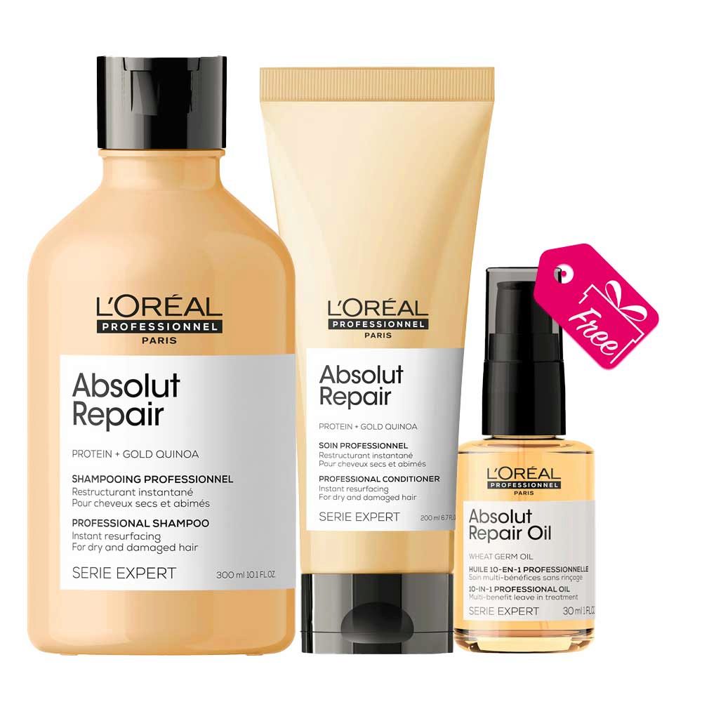 L'Oréal Professionnel Paris Absolut Repair Shampoo 300ml Conditioner 200ml  + Oil 30ml Als Genschenk | Hair Gallery